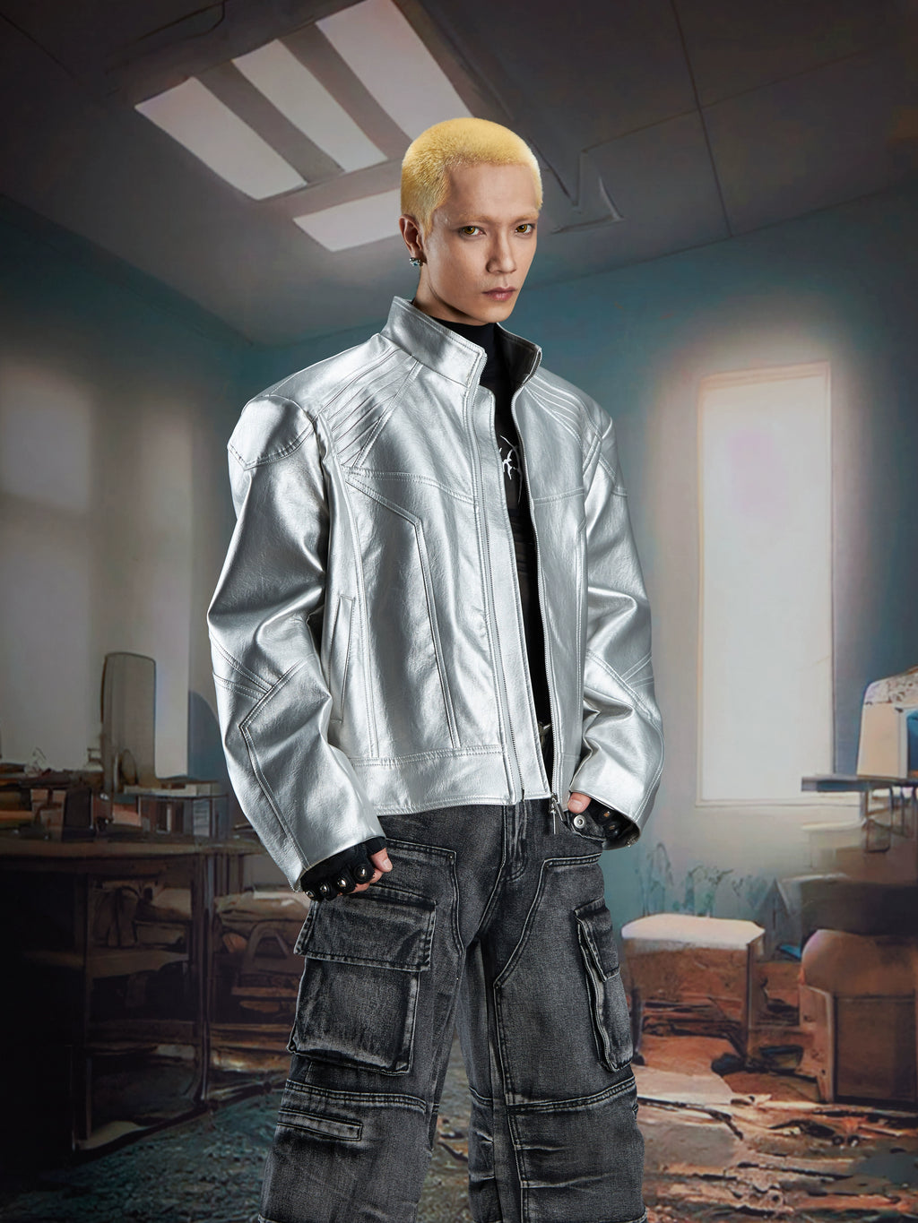NUndefined Stitched Stand-up Collar Loose Zip Leather Jacket