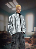 NUndefined Stitched Stand-up Collar Loose Zip Leather Jacket