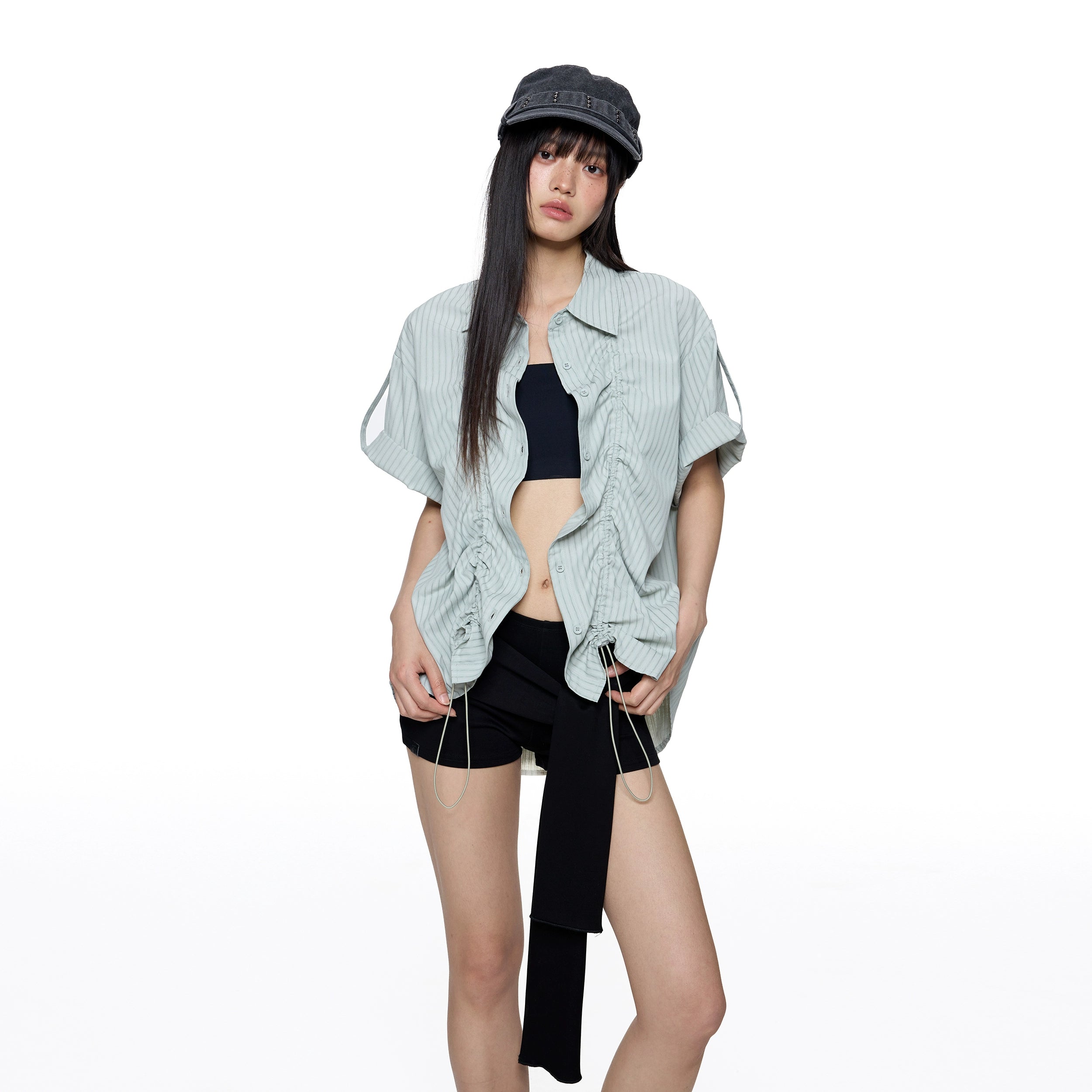 EZEK Temperament Striped Thin Front Shoulder Short Sleeve Shirt