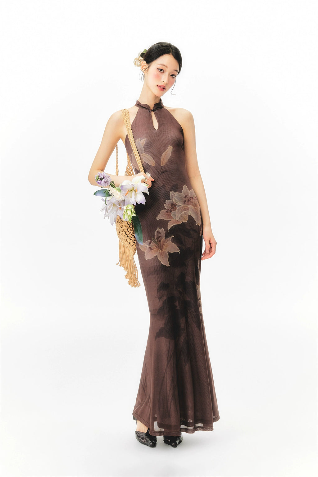 YEDM Floral Print Neck Dress