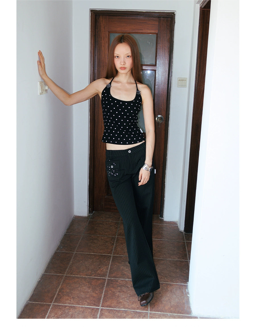 FUNKYFUN Medium and Low Waist Hot-drilled Pinstriped Flared Pants (Clearance)
