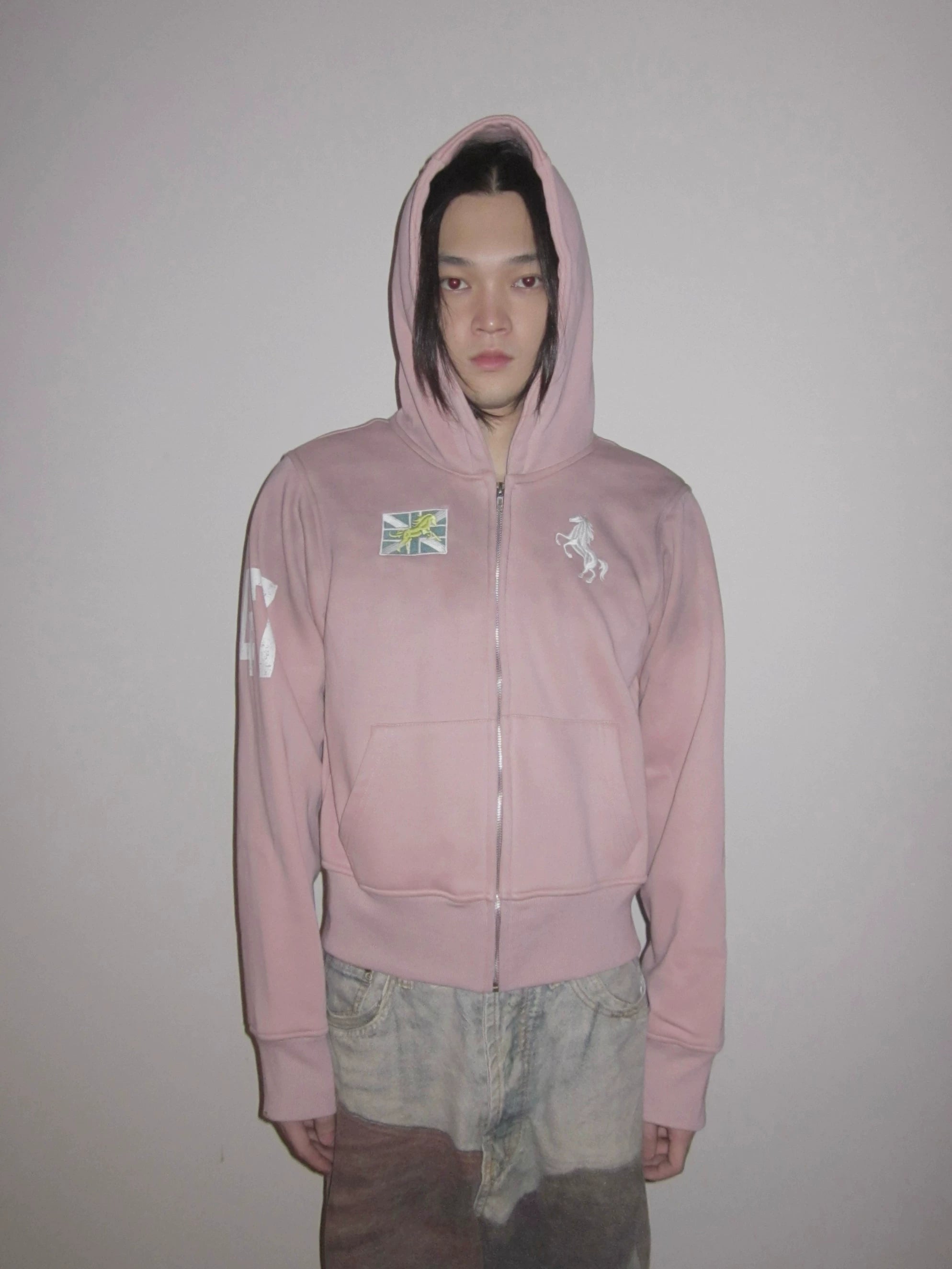 URRRGE Embroidered Cracked Print Hooded Zip-up Sweater