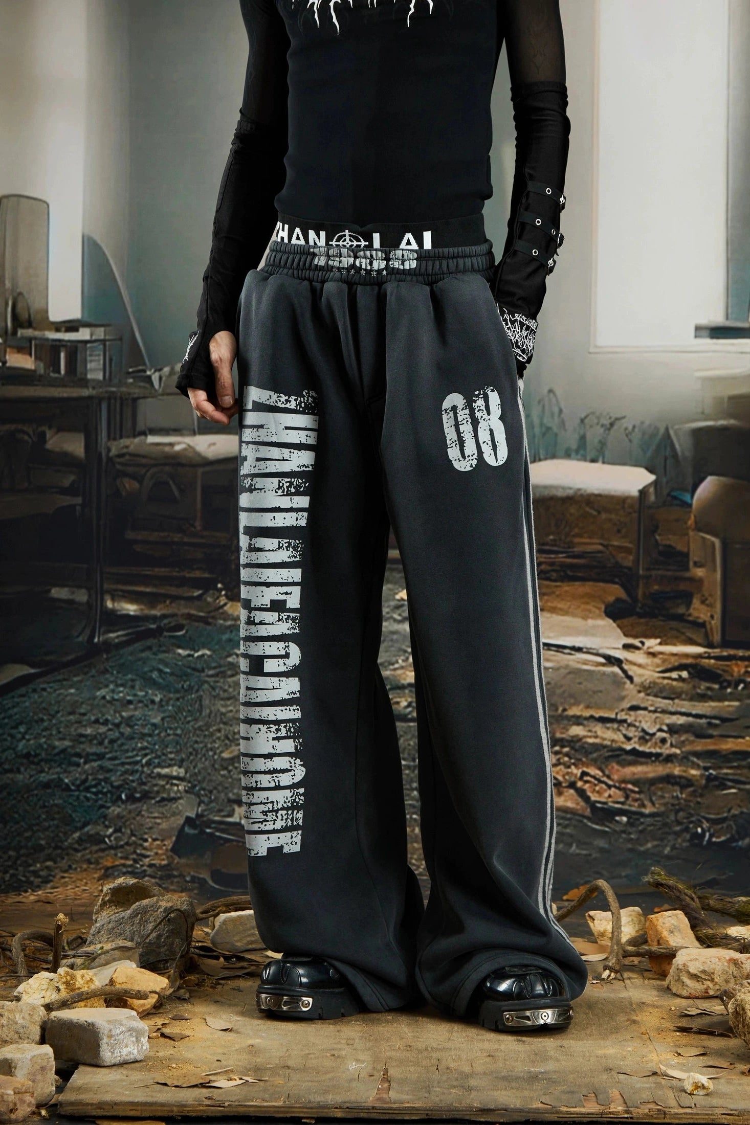 NOMANIAI Dirty Dyed Mottled Print Loose Striped Sweatpants