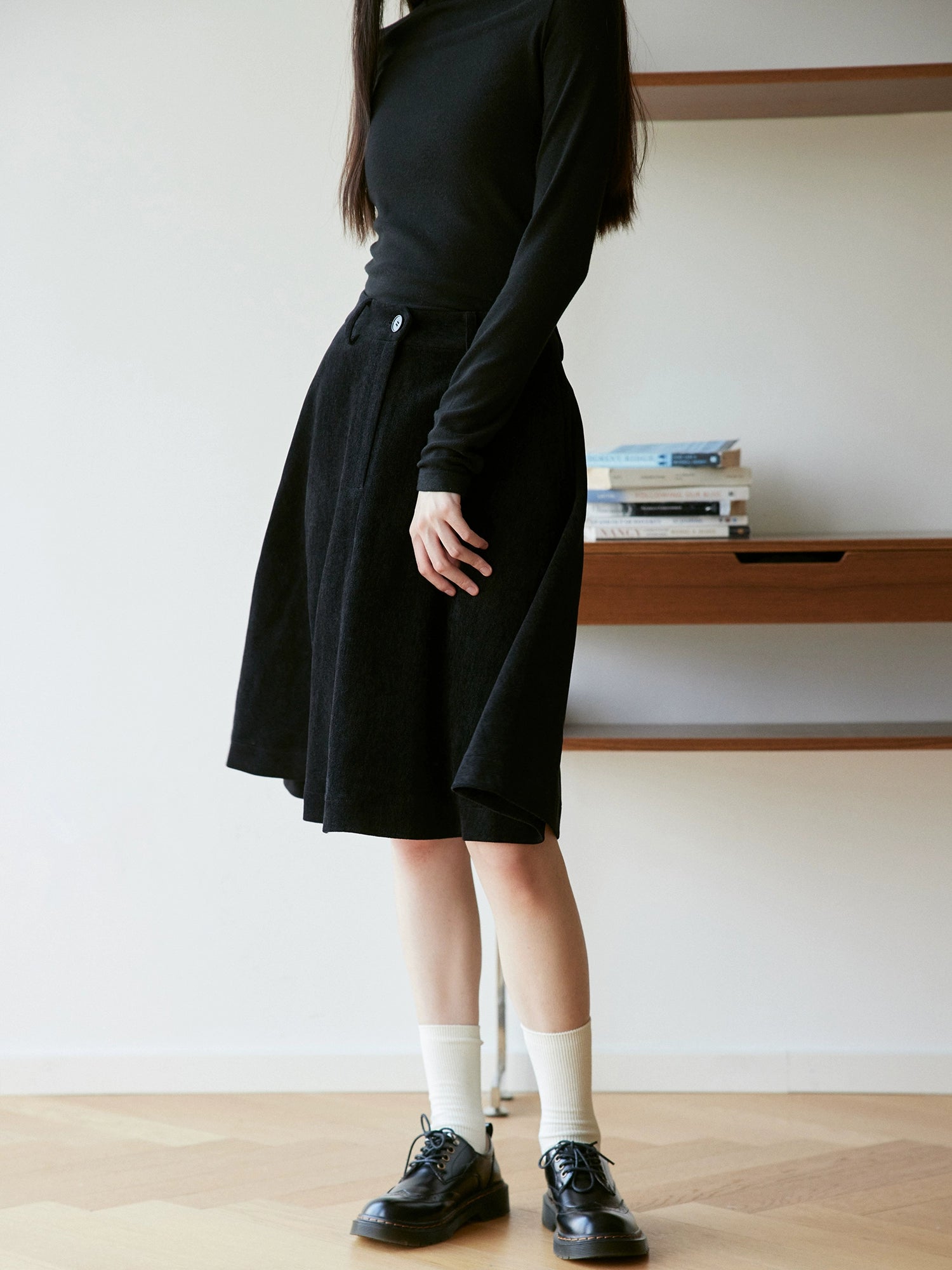 RPB BRAND Chenille Velvet Draped High-Waist A-Line Midi Skirt