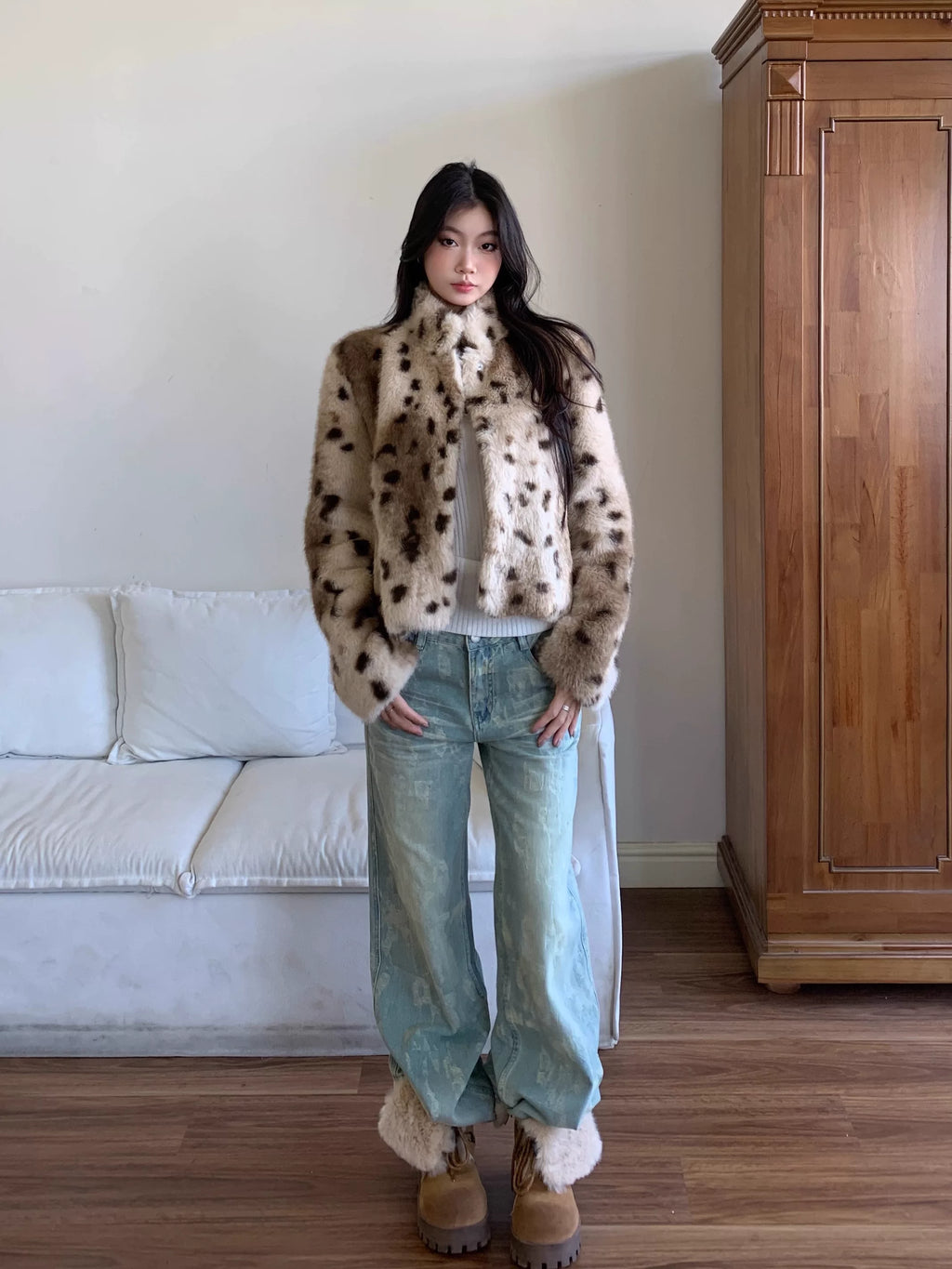 WITHMIN Leopard Print Casual Soft Waxy Lazy Coat