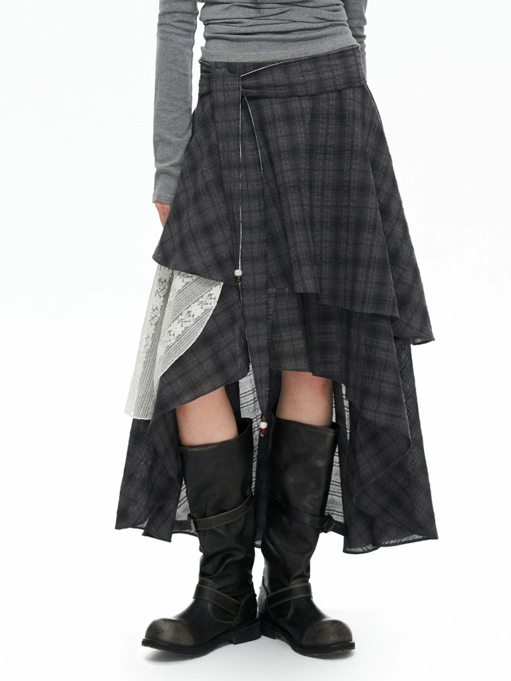 TGNS Berkeley Lace Trim Plaid Mid-Rise Long Skirt