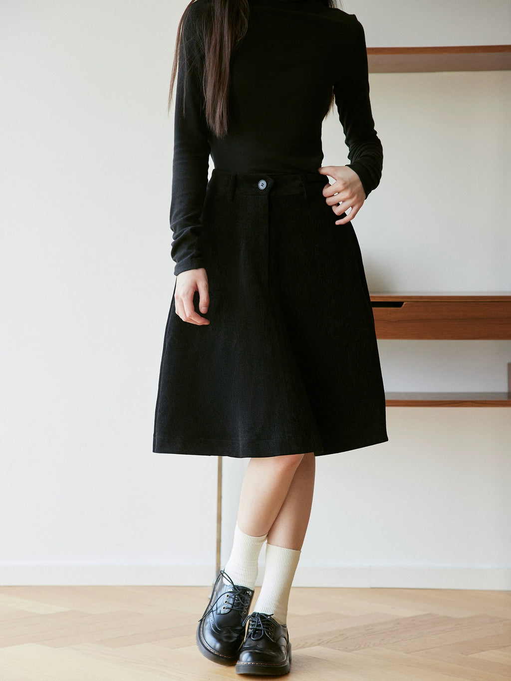 RPB BRAND Chenille Velvet Draped High-Waist A-Line Midi Skirt