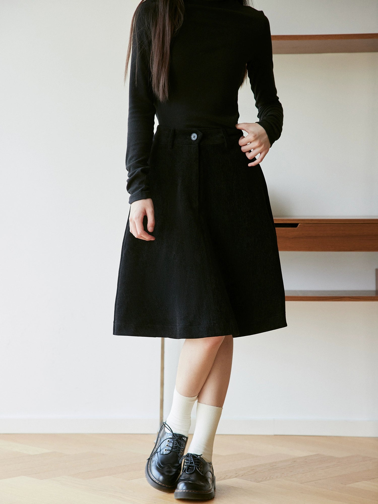 RPB BRAND Chenille Velvet Draped High-Waist A-Line Midi Skirt