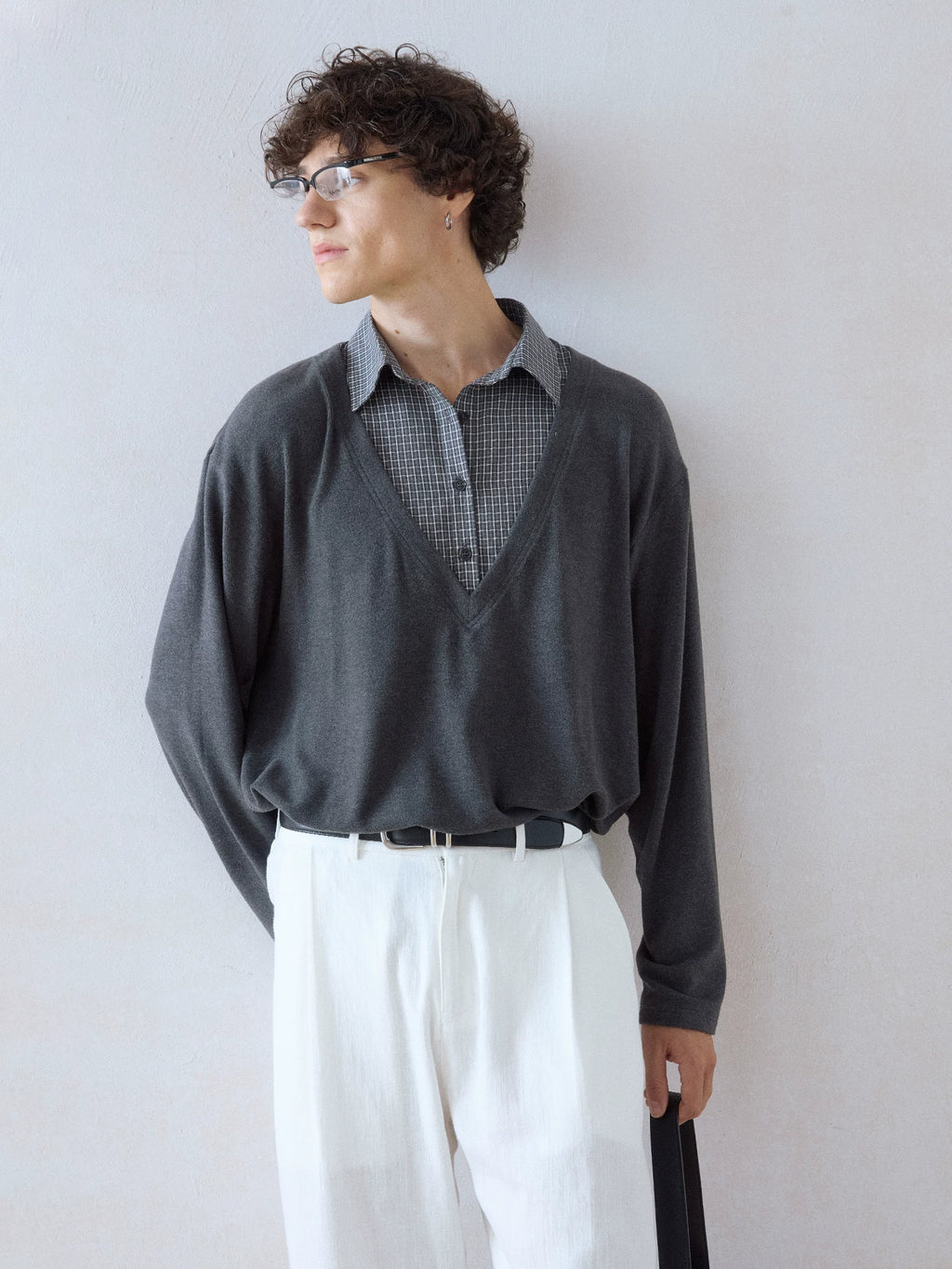DIMC Plaid Splicing V-neck Fake Two-piece Long Sleeve