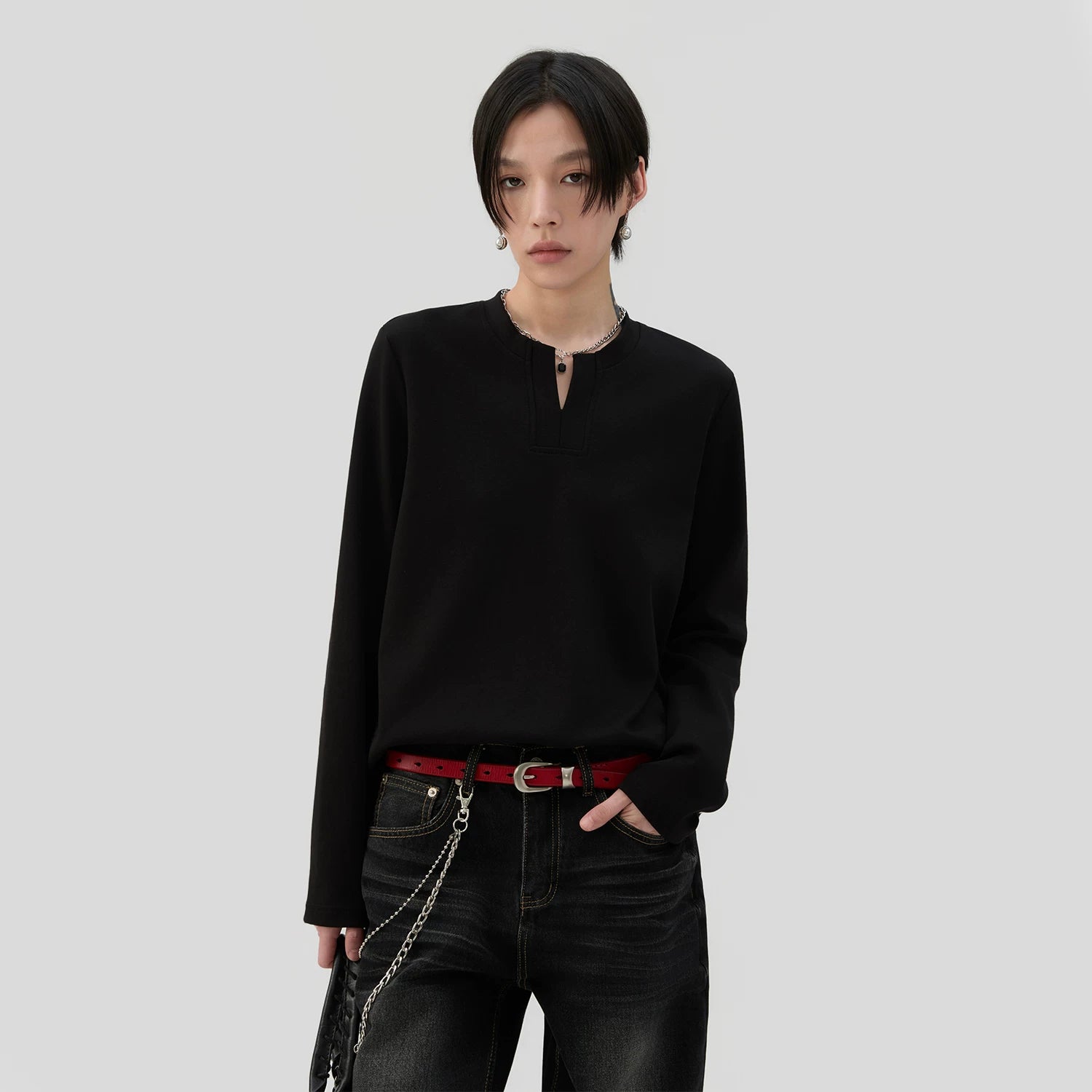 Sameuoo V-Neck Front Shoulder Casual Bottom Long Sleeve