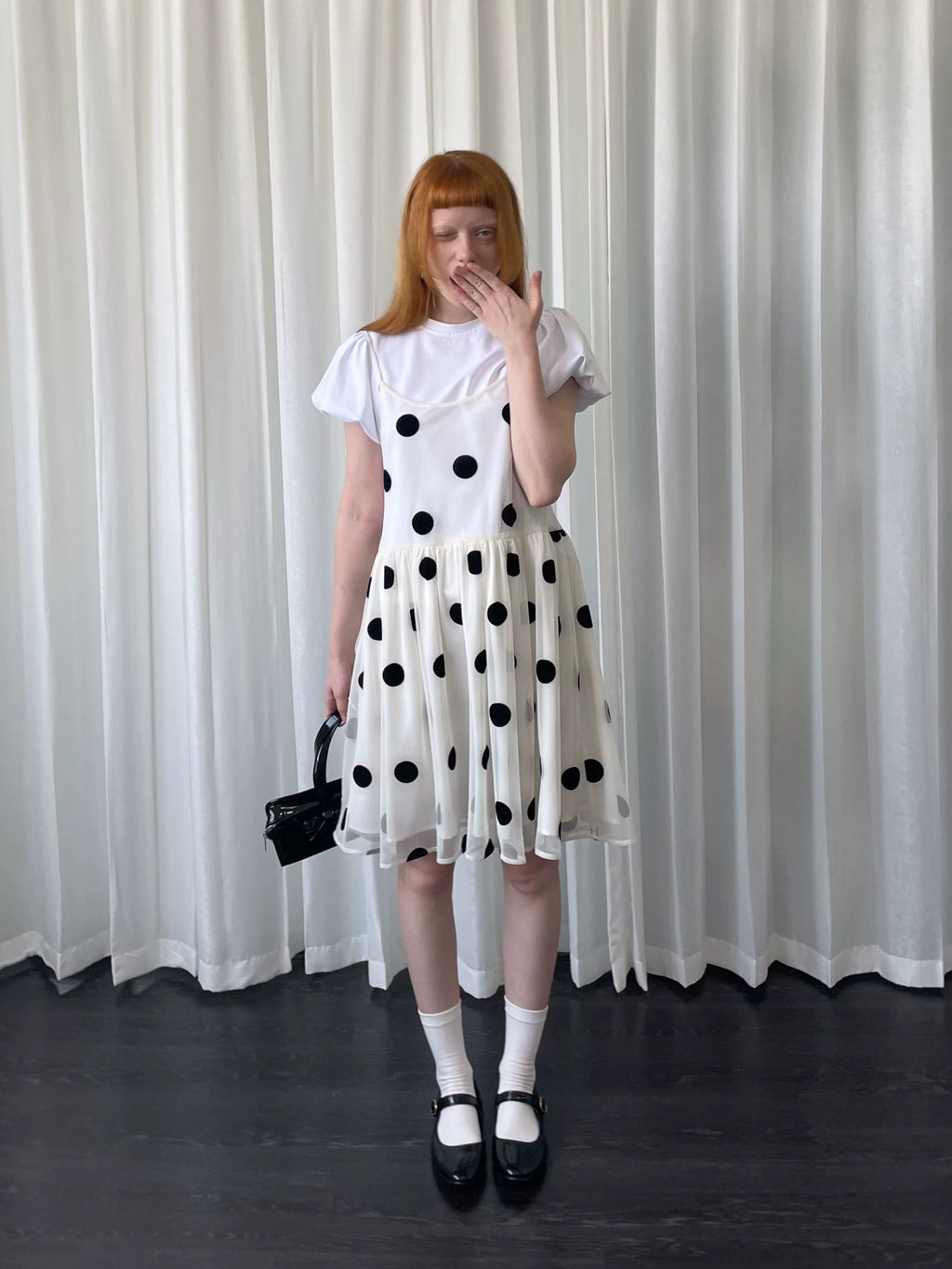Loosesmell Splicing Pleated Dot Mesh Suspender Skirt