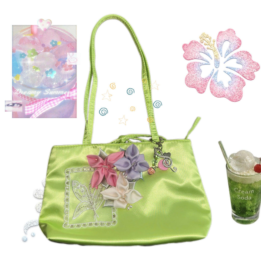 Hottie Green Floral Satin Underarm Bag - Magnetic Snap