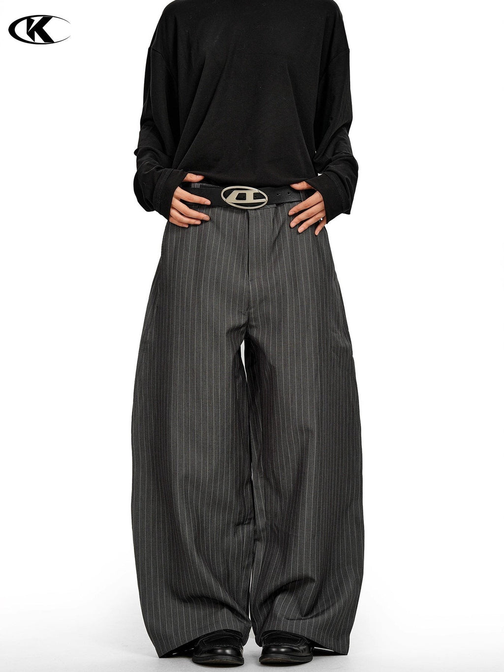 11KN Grey Pinstripe Wide-Leg Trousers