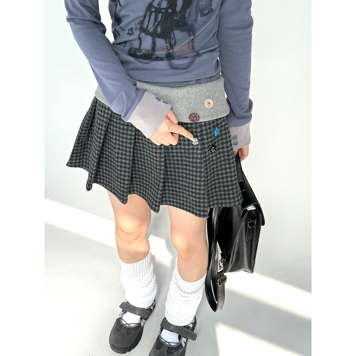 Kasugano TOO Plaid Button High-Waist A-Line Mini Skirt