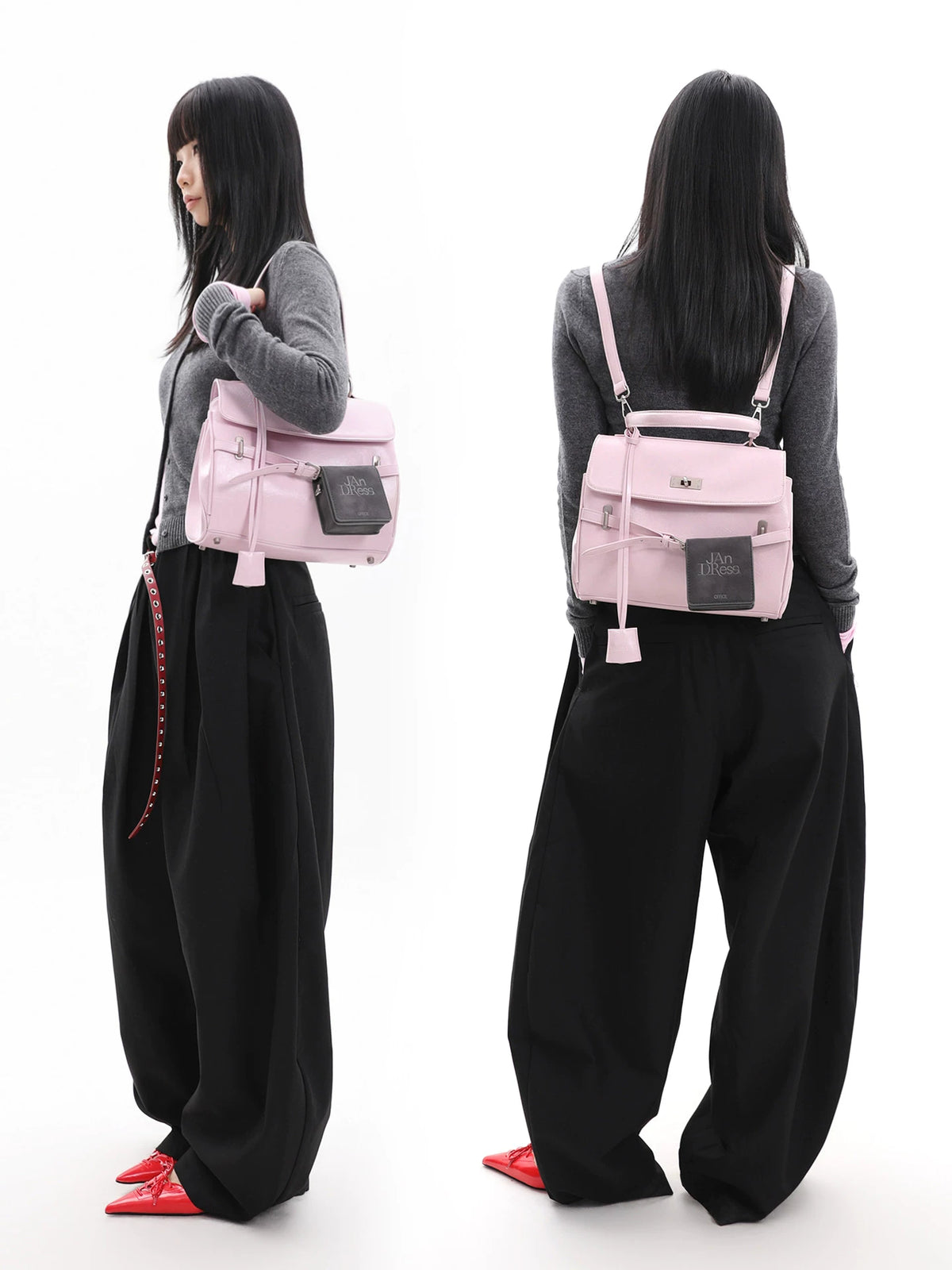 JANDRESS Pink Faux Leather Lock-Top Backpack