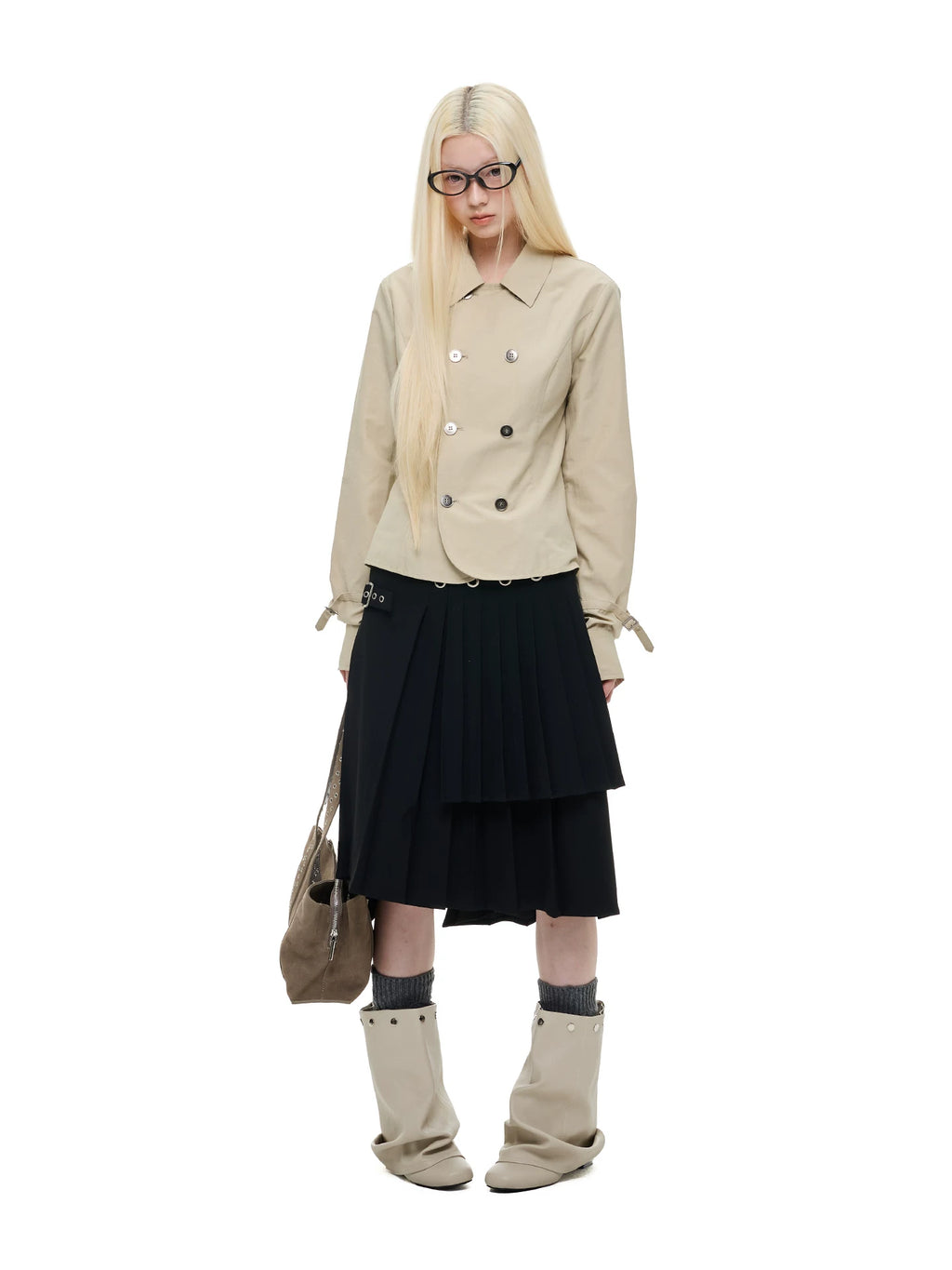 JIKOO Notch Lapel Double-Breasted Cropped Jacket