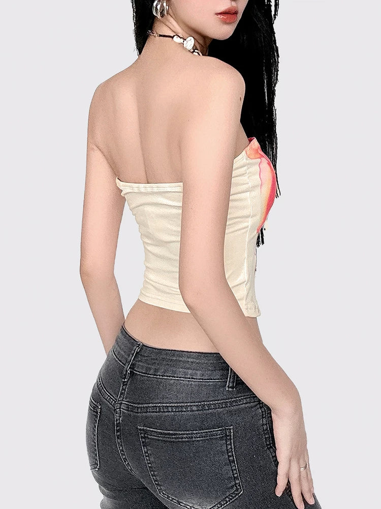 FUNOFF Vintage Floral Print Dew Collarbone Waist Tube Top