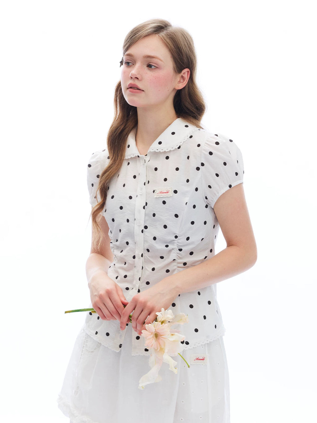 MASOOMAKE Polka Dot Lace-Trim Breathable Slim Fit Blouse