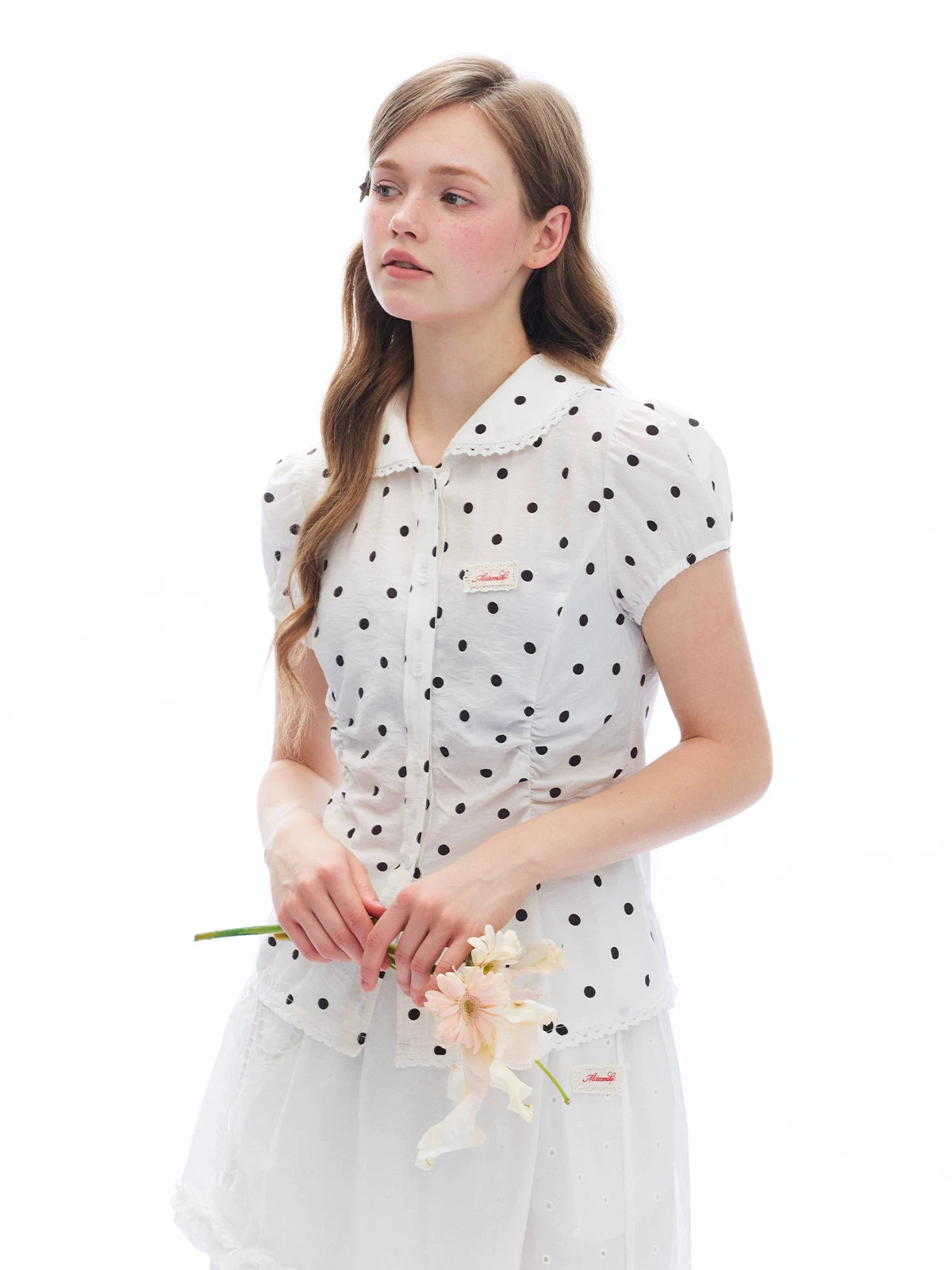 MASOOMAKE Polka Dot Lace-Trim Breathable Slim Fit Blouse