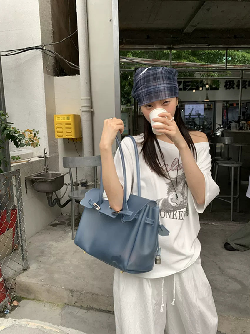 Fat*2 Semi-Transparent Faux Leather Buckle Top-Handle Bag