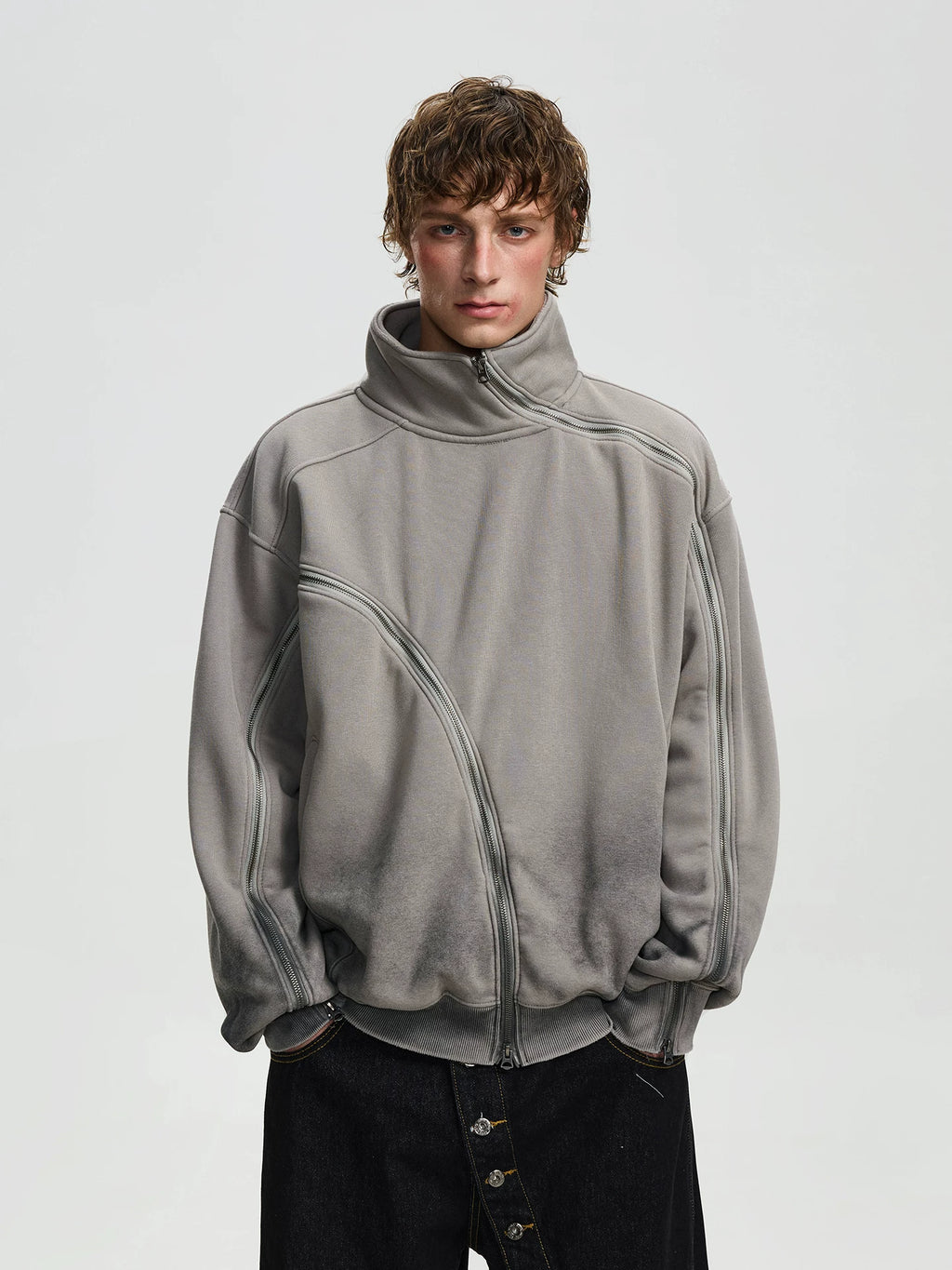 BTSG niche silhouette irregular zipper stand-up collar jacket
