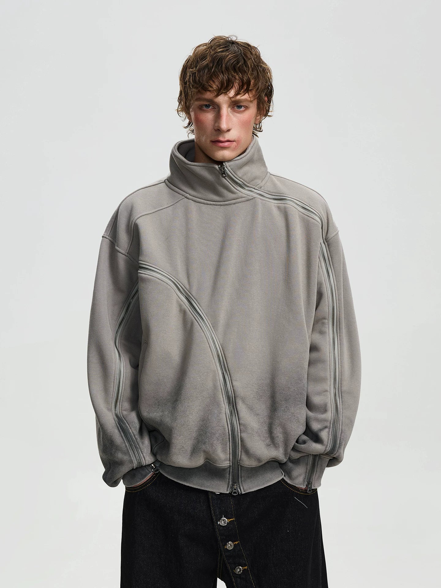 BTSG niche silhouette irregular zipper stand-up collar jacket