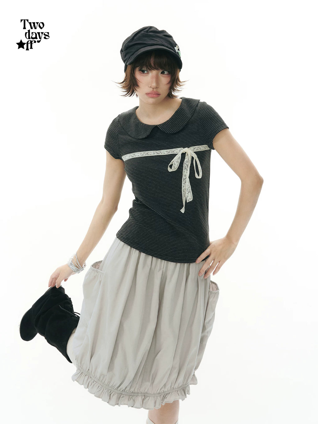 Two days off lab Striped Lace Trim Breathable Slim Fit Tee