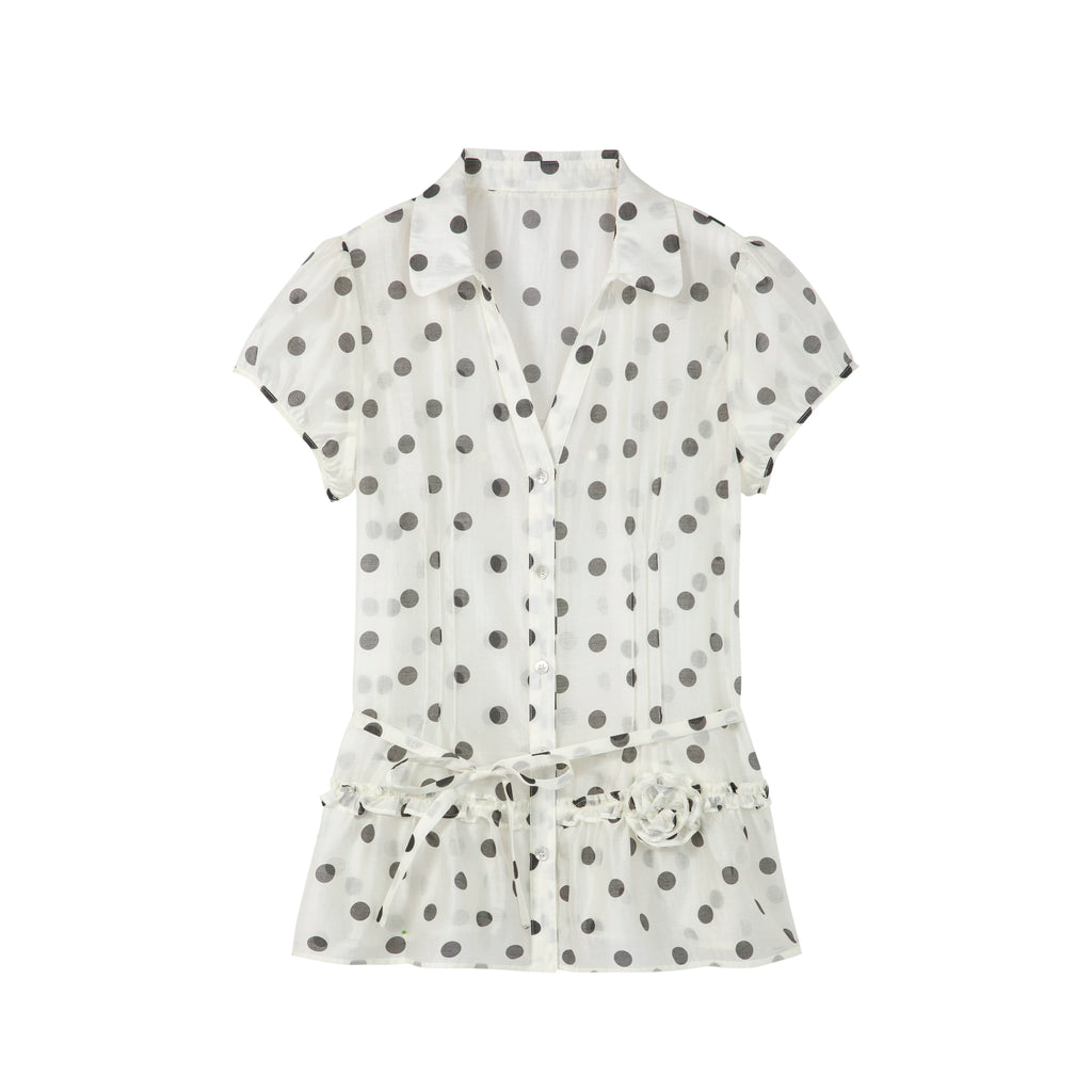 Yawhat Tencel Bubble Sleeve Tie-Front Blouse