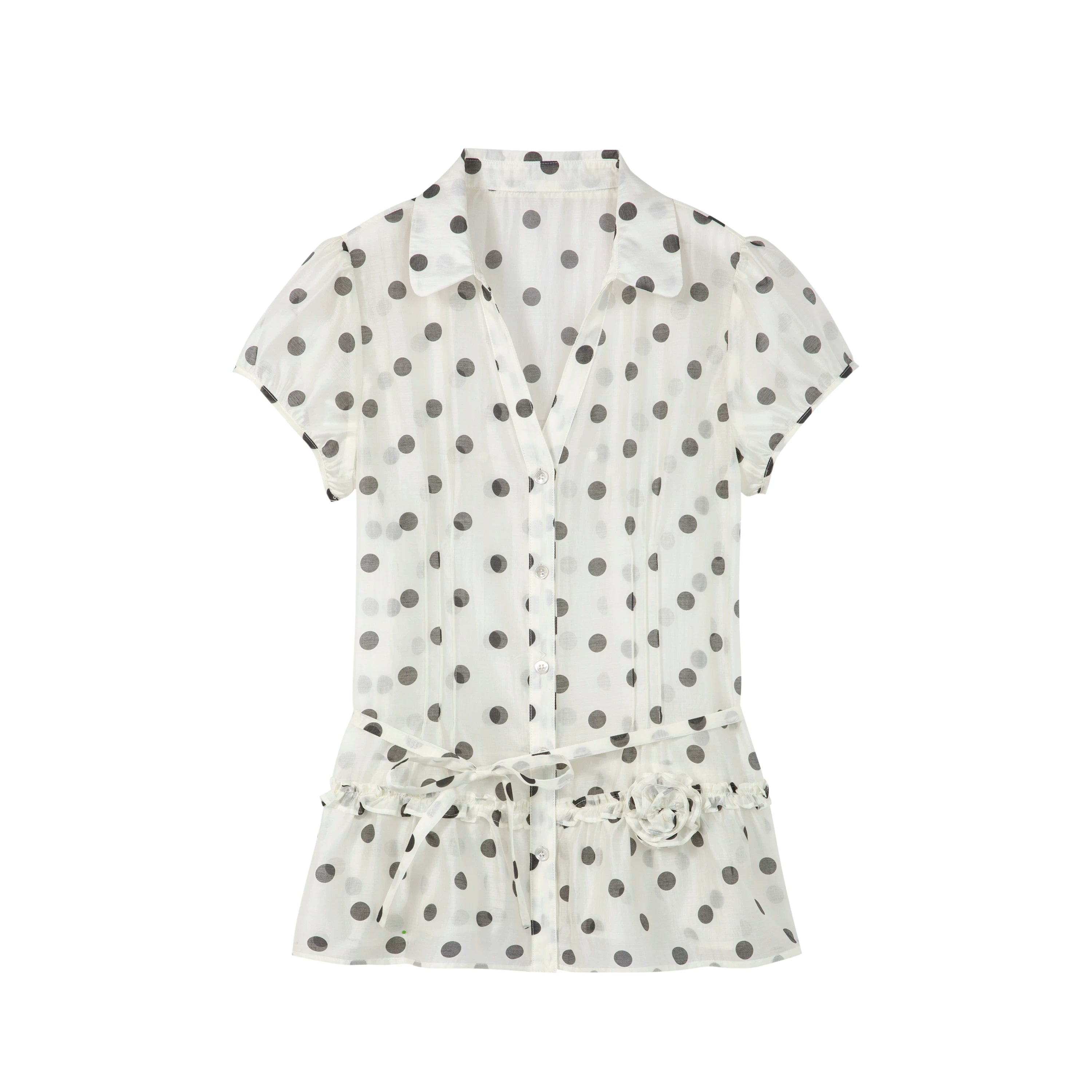 Yawhat Tencel Bubble Sleeve Tie-Front Blouse