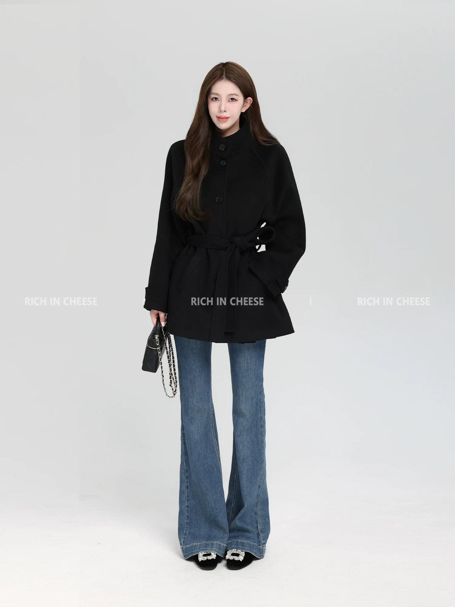 RICH IN CHEESE Premium Sense Stand-Up Neck Lace-Up Waist Wool Jacket