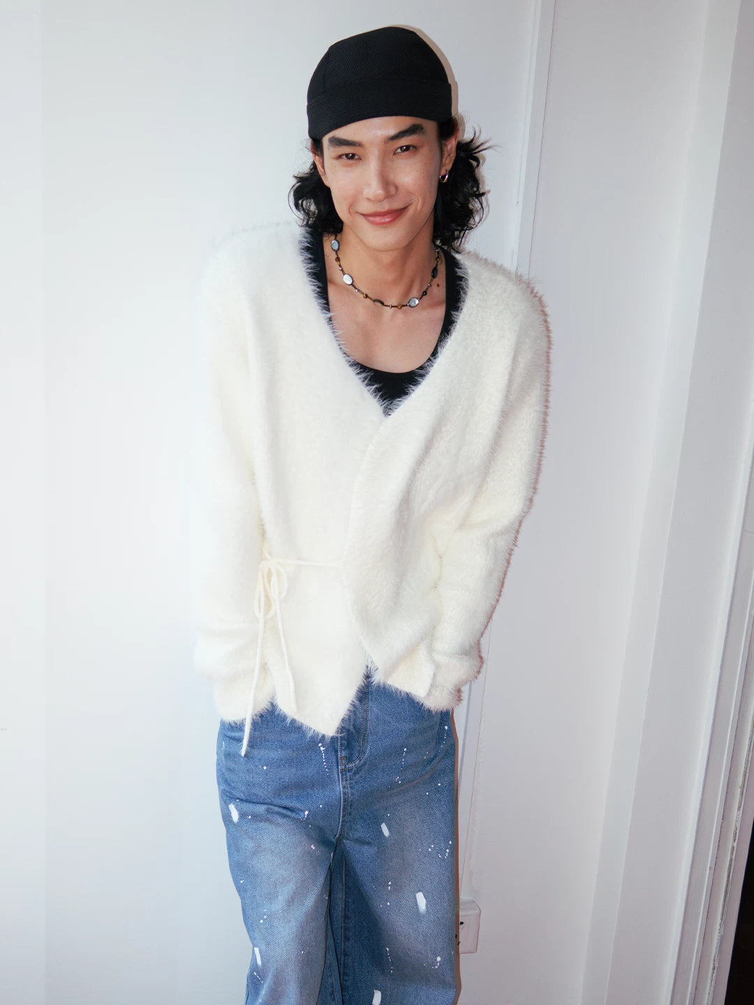 FUNKYFUN Tie-Front Faux Fur V-Neck Cardigan