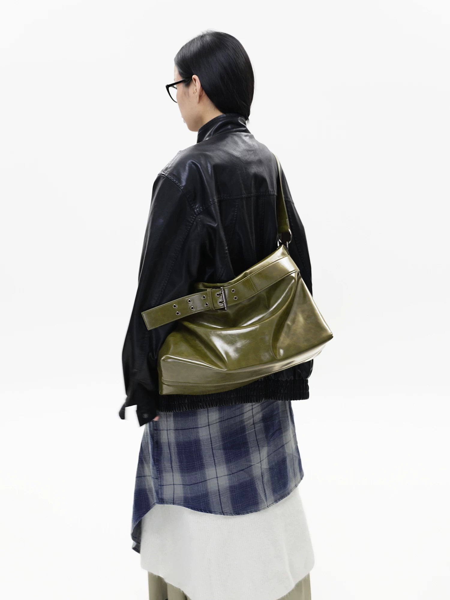 JANDRESS Olive Green Faux Leather Zip-Top Tote
