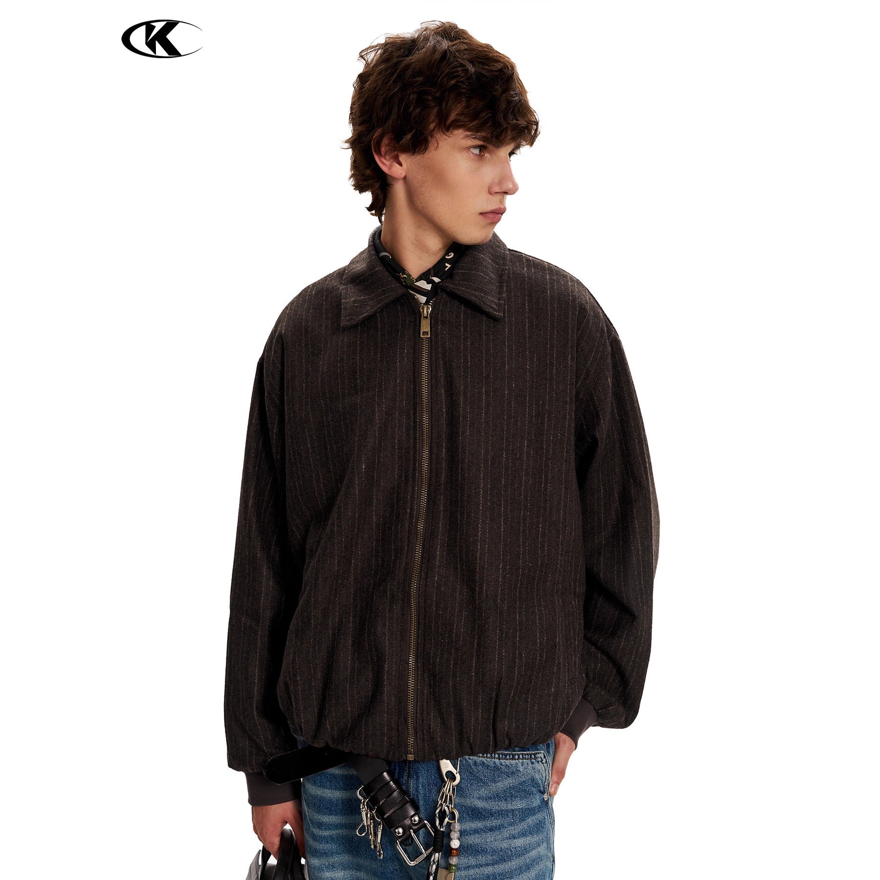 11KN Vintage Striped Short Wide Letter Embroidered Jacket