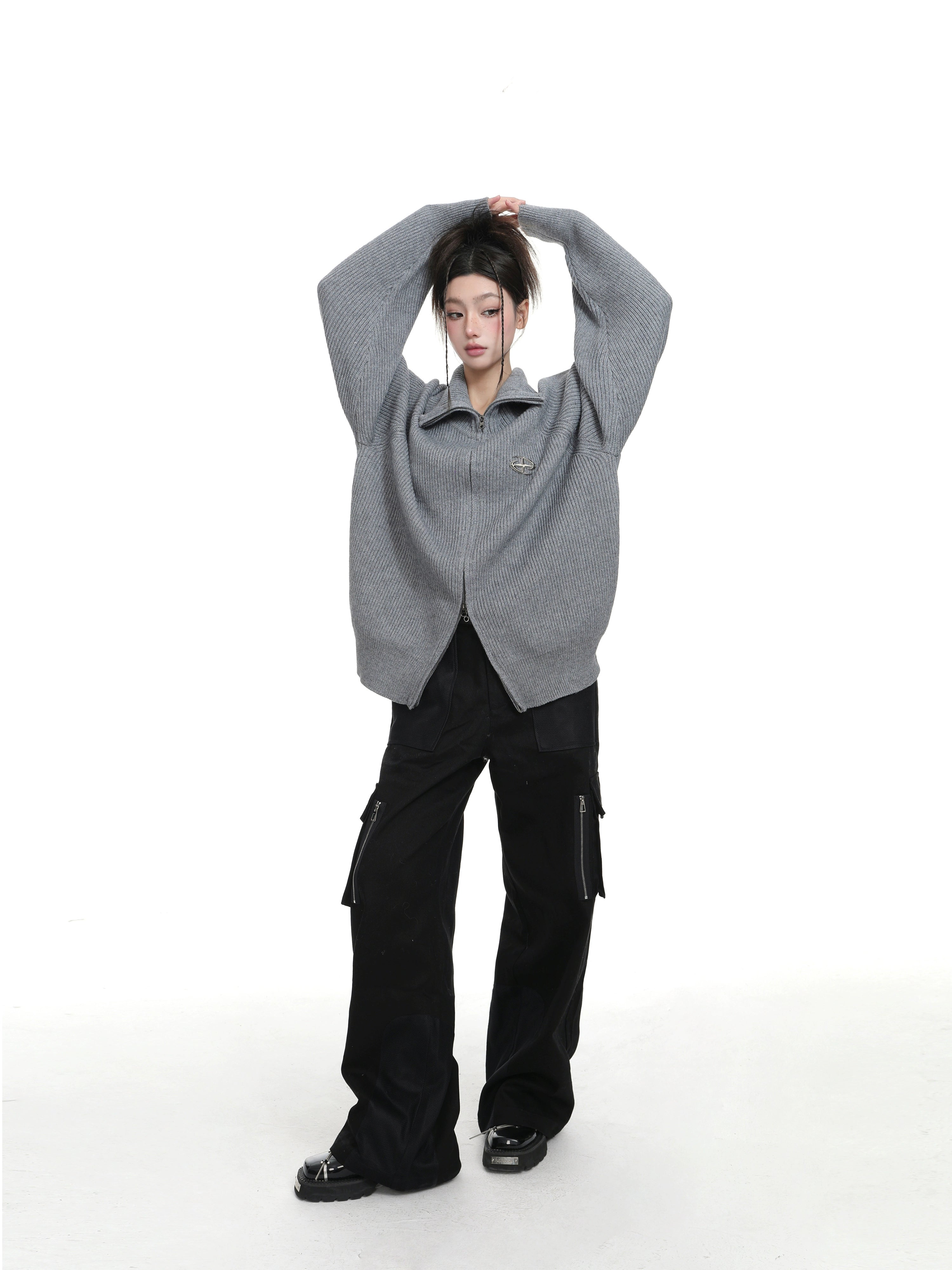 KDASE Double Zipper Stand-up Neck Sweater Jacket