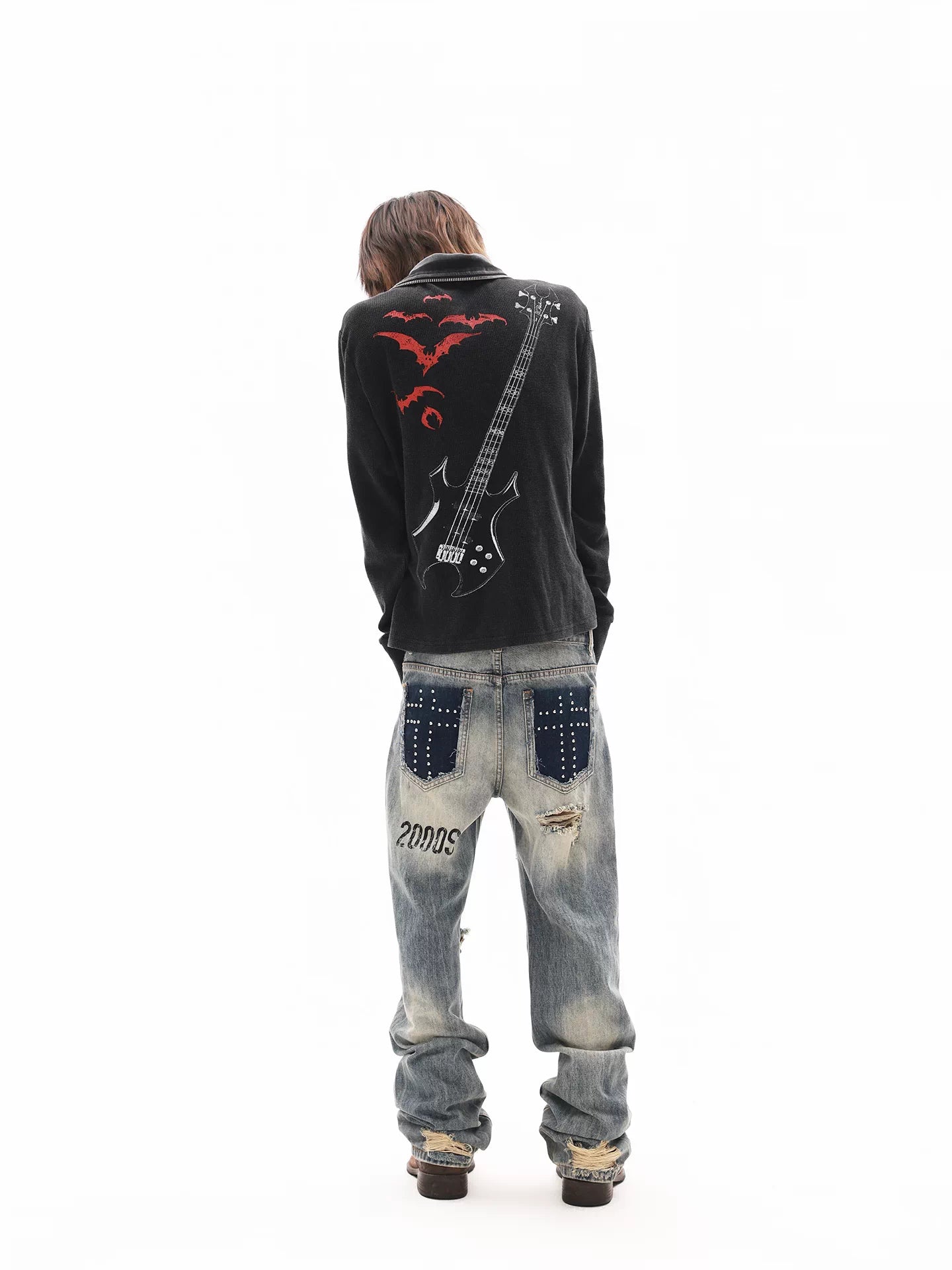 DETW "PUNK" Skull War Horse 260g Embroidered Long-Sleeve Polo Shirt