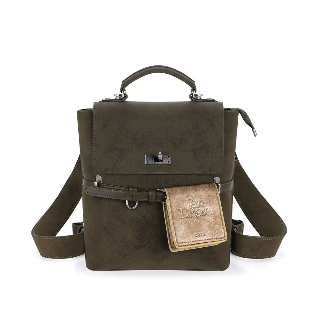 JANDRESS Moss Green Faux Leather Zip-Top -Way Backpack