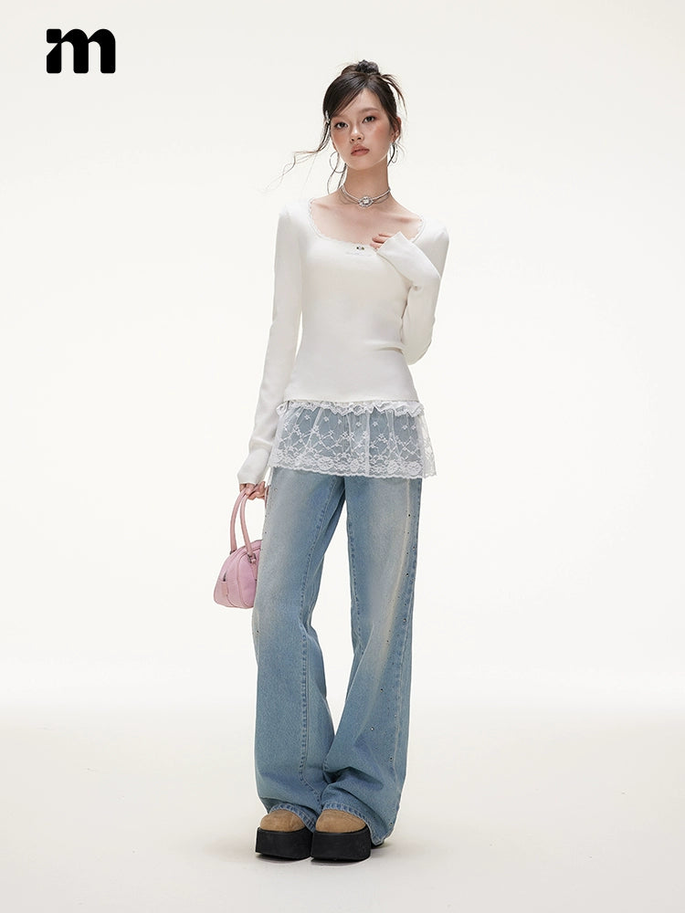Imone Lace Contrasting Color Rose Generous Neck Knitted Sweater