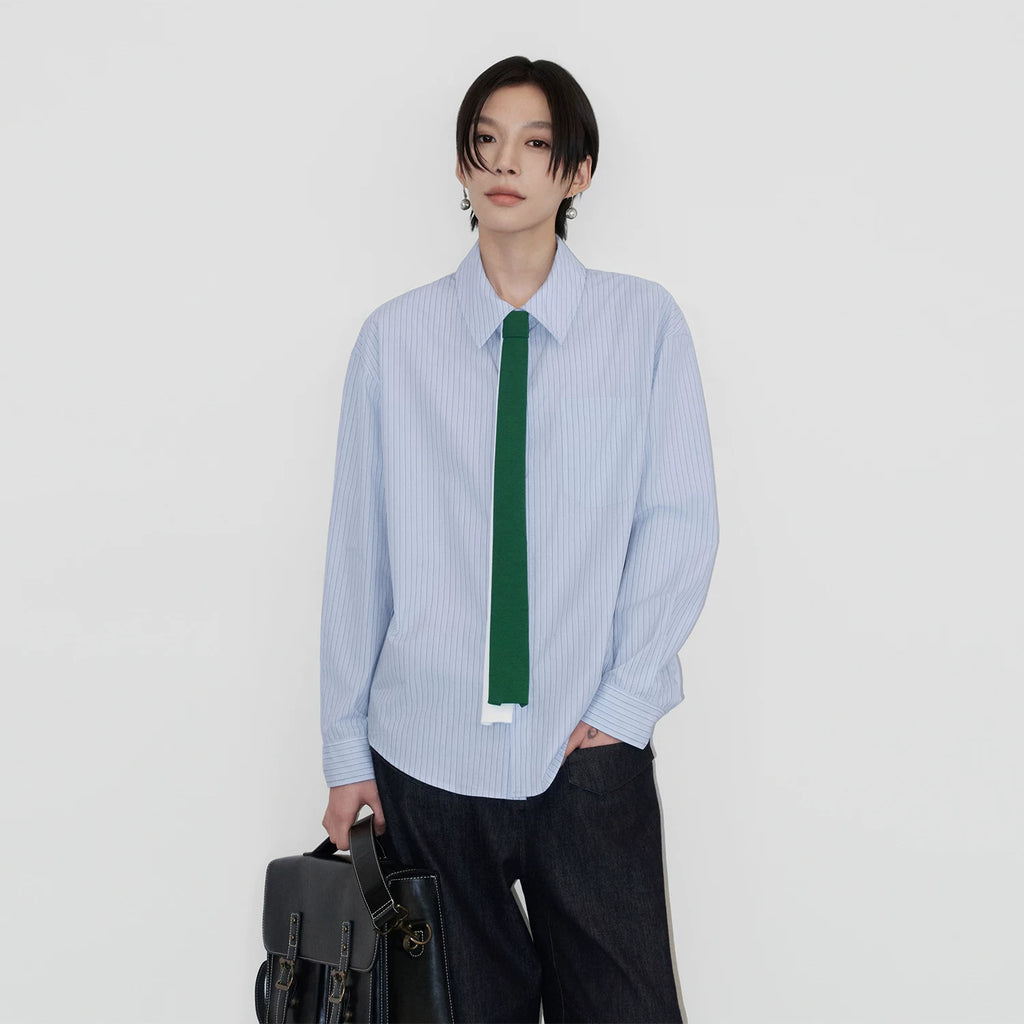 Sameuoo Removable Fake Tie Striped Long Sleeve Shirt