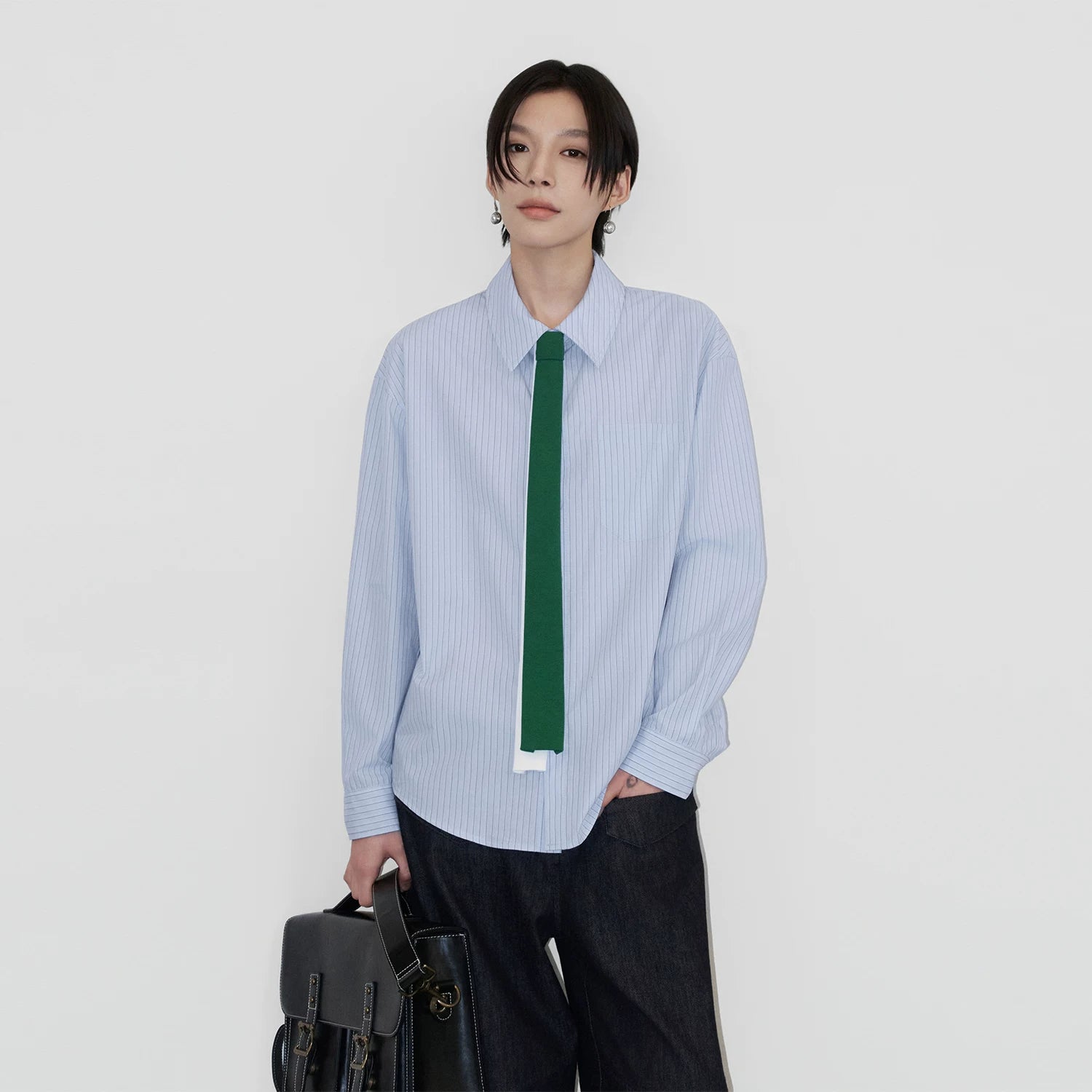 Sameuoo Removable Fake Tie Striped Long Sleeve Shirt