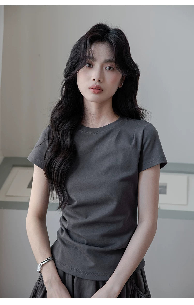 XUJING Crew Neck Shoulder Versatile Skinny Tee