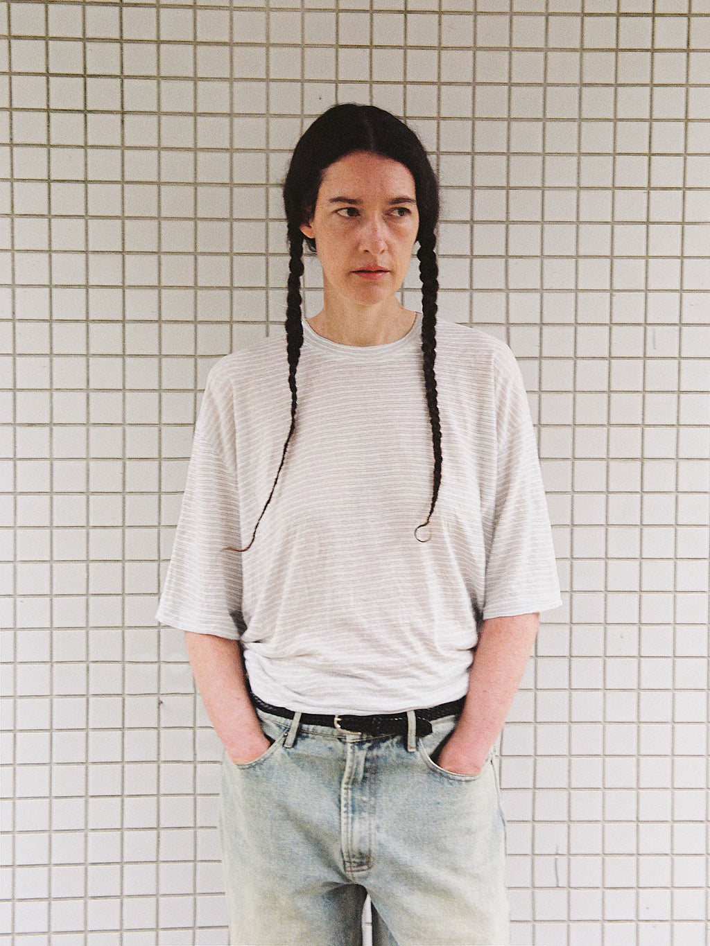 PARTIMENTO Fine Stripe Linen Breathable Oversized Tee