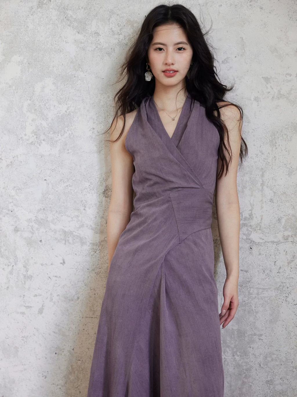 TYANG Temperament Purple V-neck Neck Strap Dress