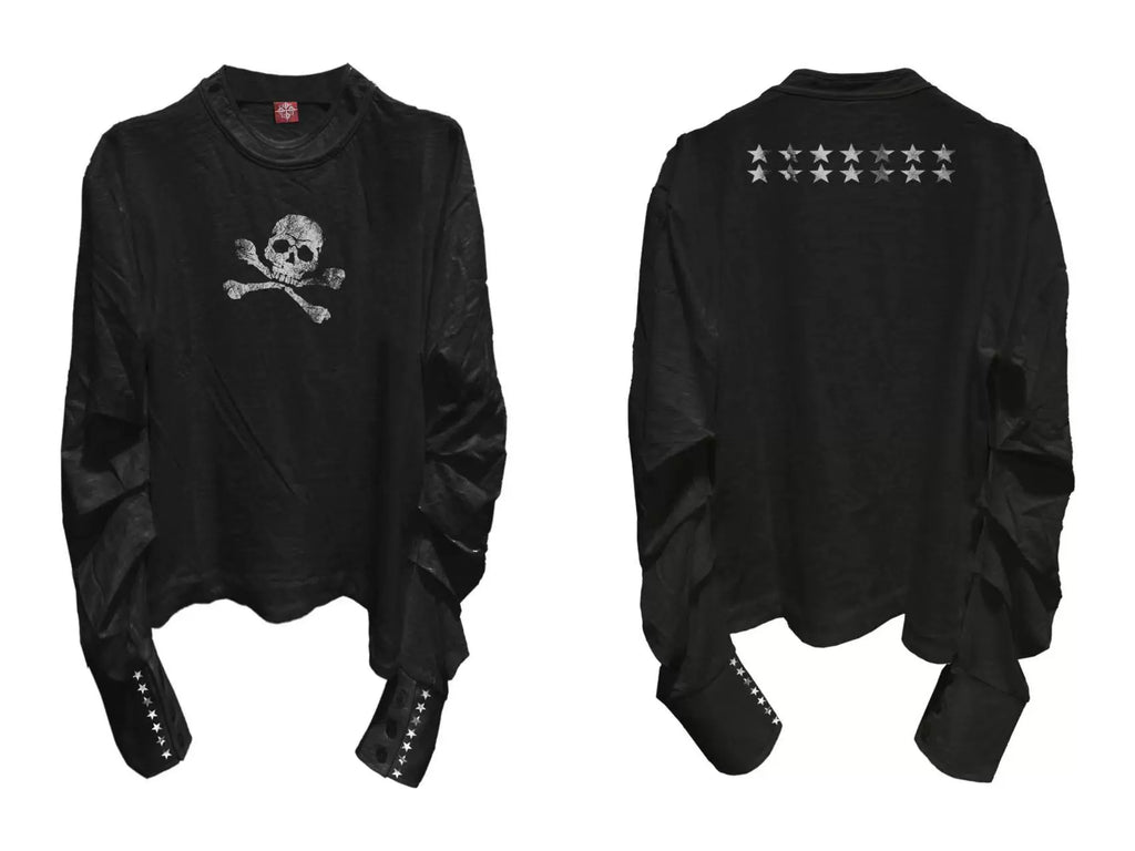 DETW 24AW Original * Skull Slightly Transparent Double Neckline Bamboo Cotton Scimitar pleated Tee