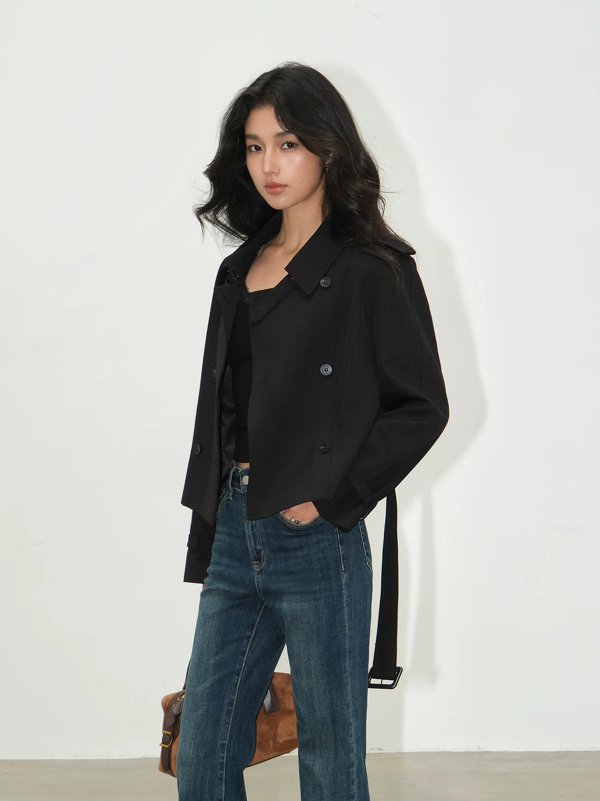 NEVA HU Detachable Belt Structured Shoulder Trench Coat