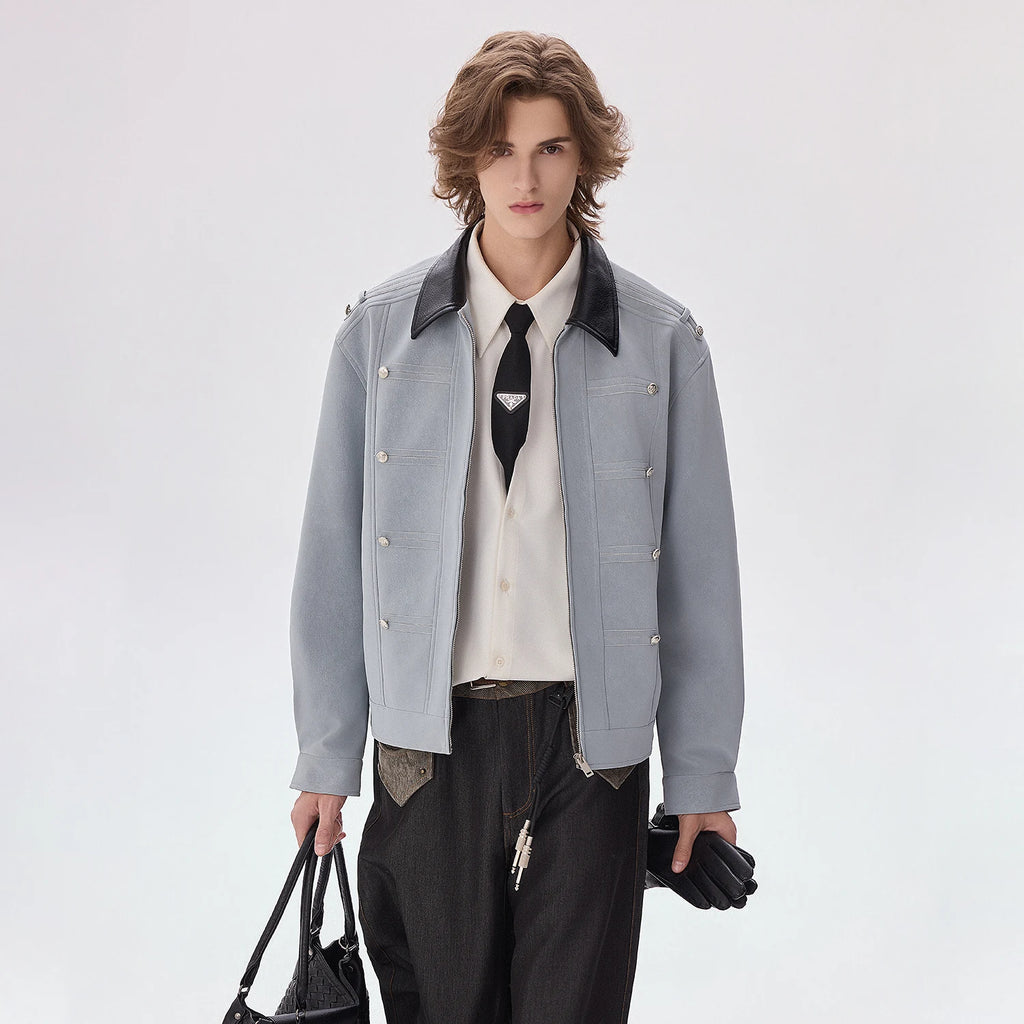 CHOR Color-Block Cropped PU Leather Jacket