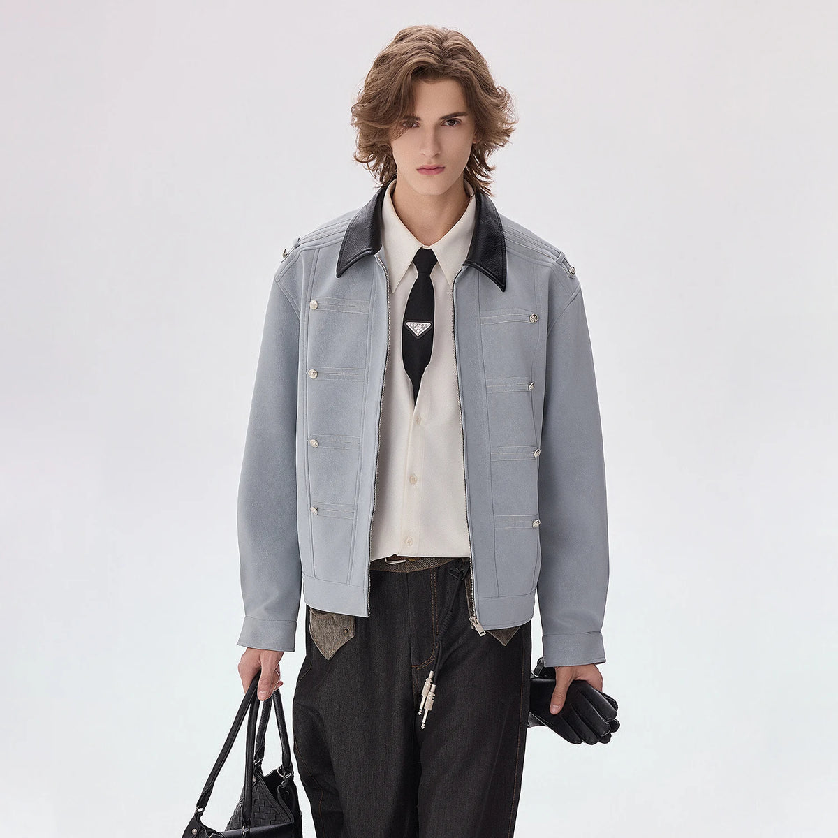 CHOR Color-Block Cropped PU Leather Jacket