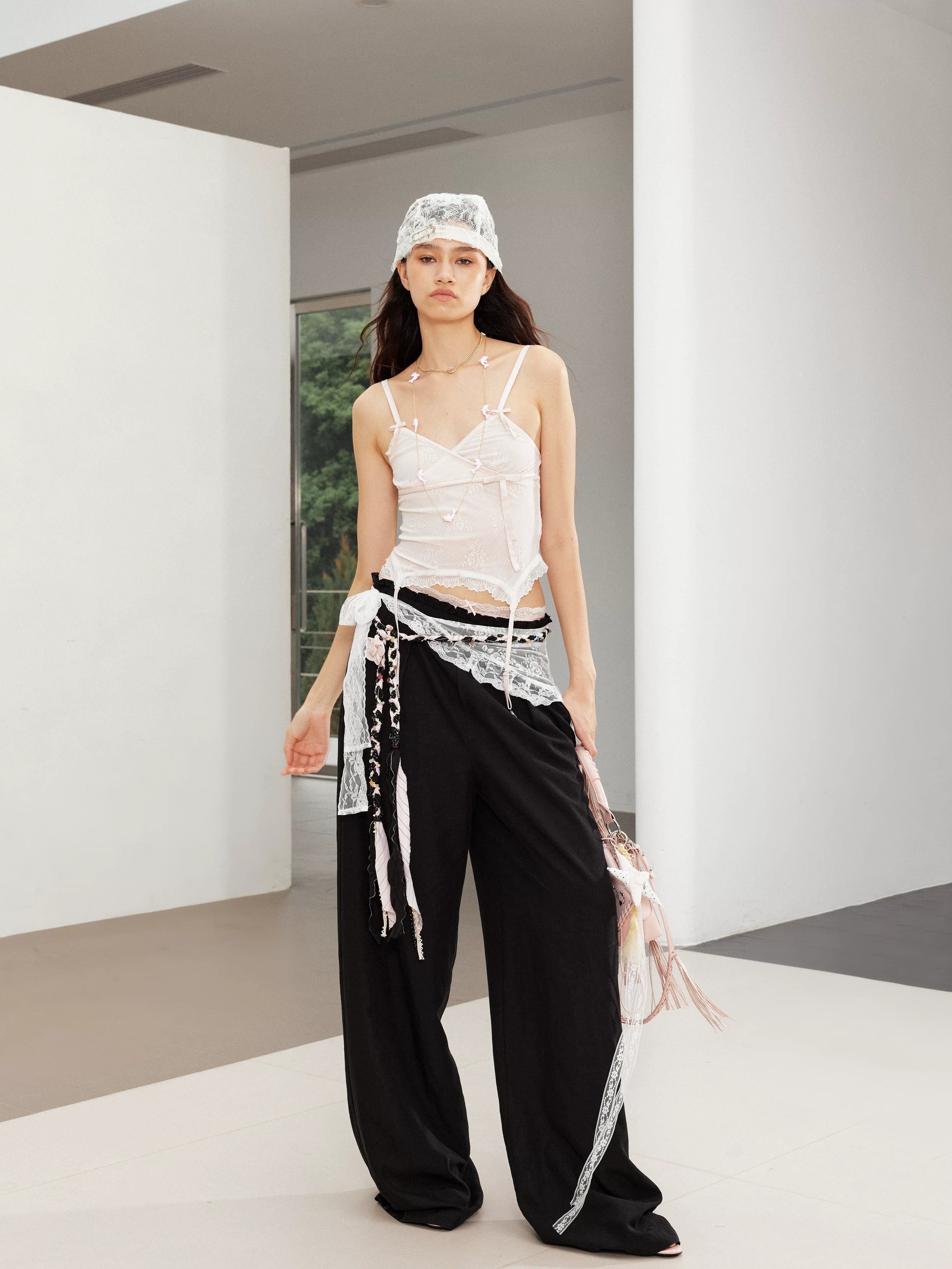 2th Desire Vintage Contrast Waist Lace Splicing Loose Straight Pants