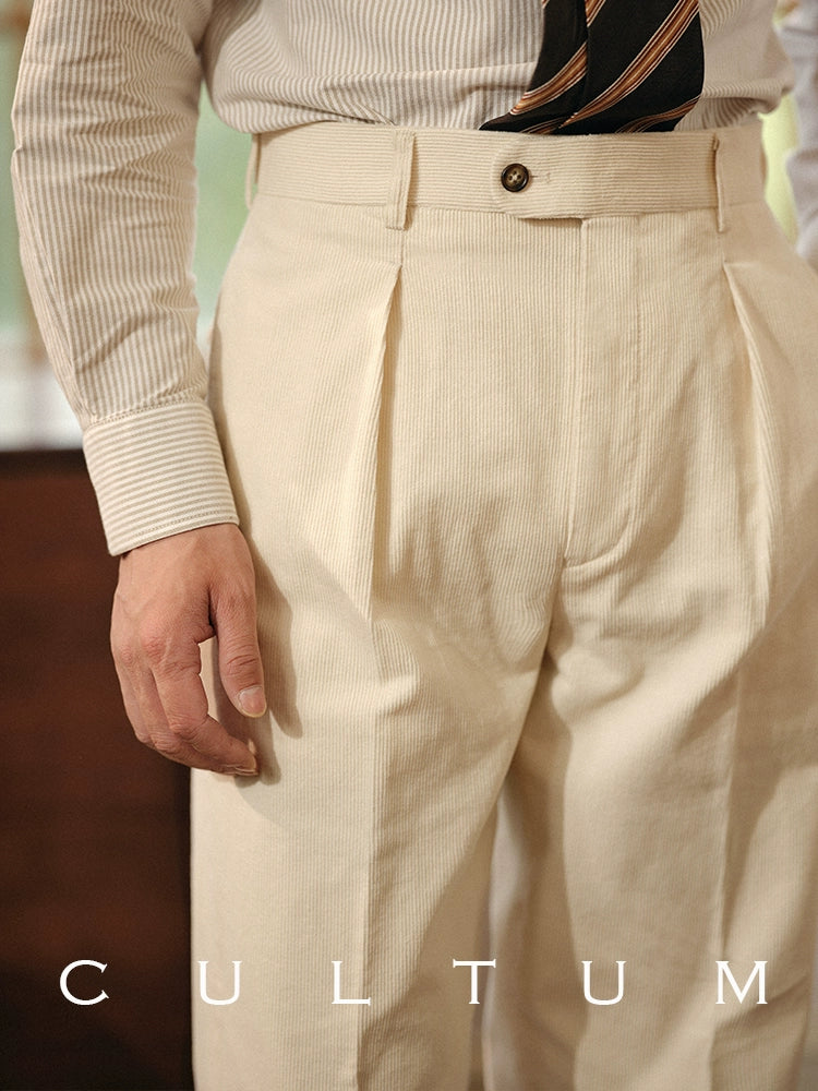 CULTUM Corduroy Vintage Straight High Waist Single Pleated Trousers