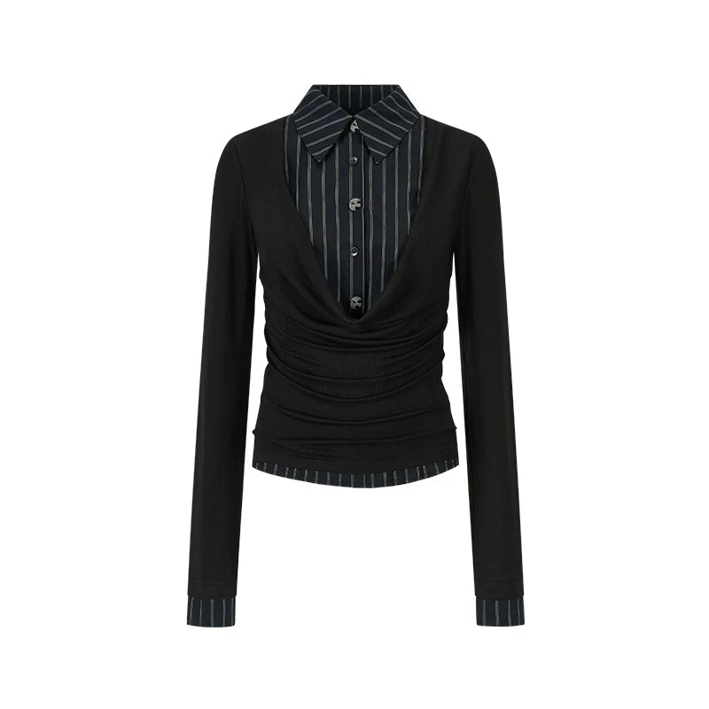 AnnoMundi White Feather Silk Draped Neck Slim-Fit Long-Sleeve Tee