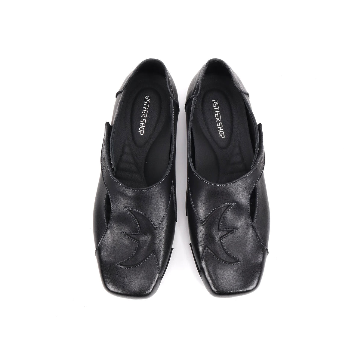 ASTHER Leather Square-Toe Star Moon Slip-On Ballet Flat